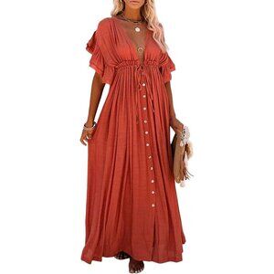 Boho Maxi Dress Rayon Polyester Summer Casual Beach Vacation Flowy Maxi